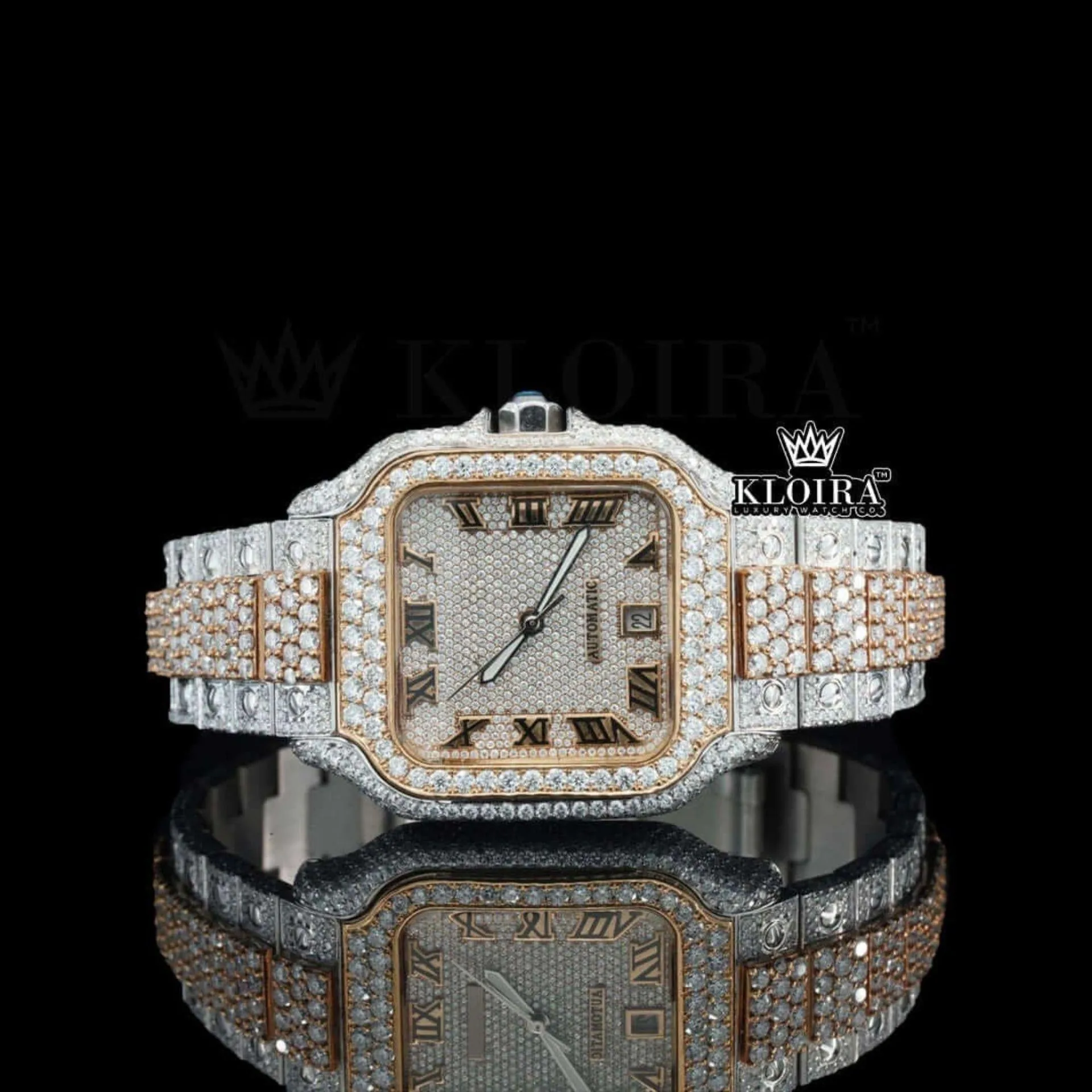 Cartior Two Tone Roman Numerals Moissanite Watch with white dial and two-tone bracelet