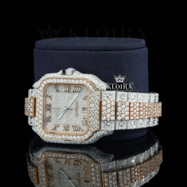 Two Tone Roman Numerals Yellow White Dial Moissanite Diamond Watch Left Profile View