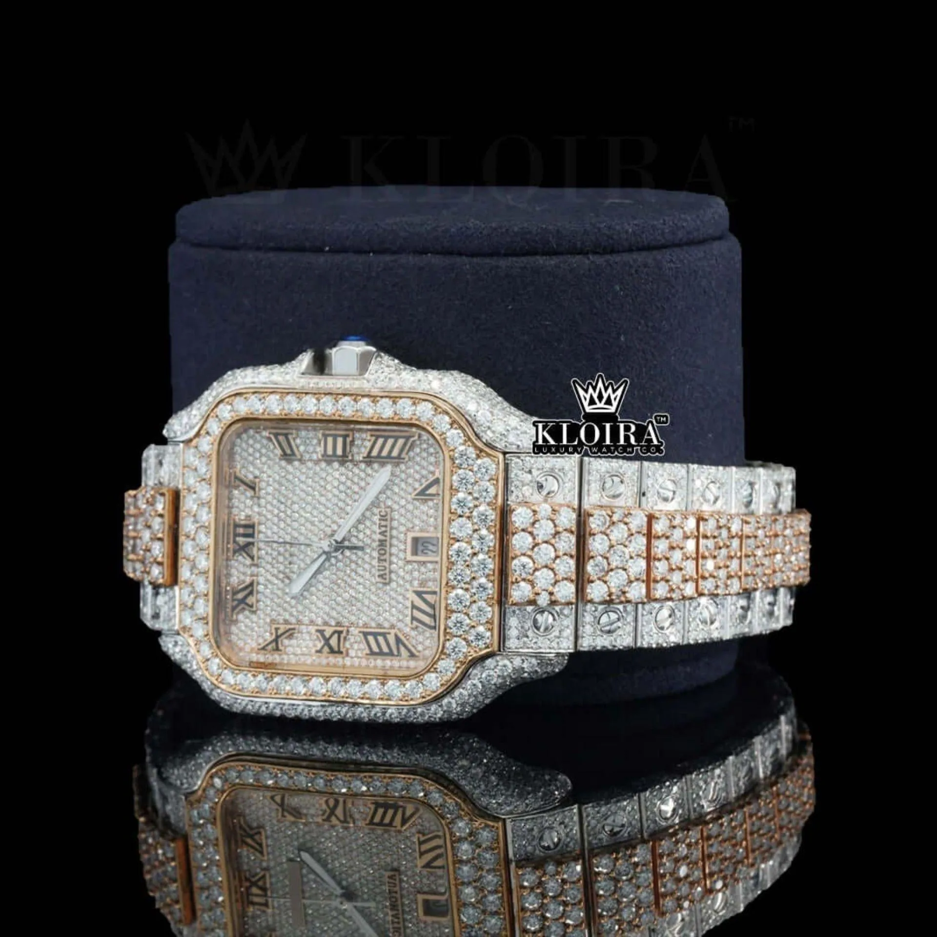 Two Tone Roman Numerals Yellow White Dial Moissanite Diamond Watch Left Profile View