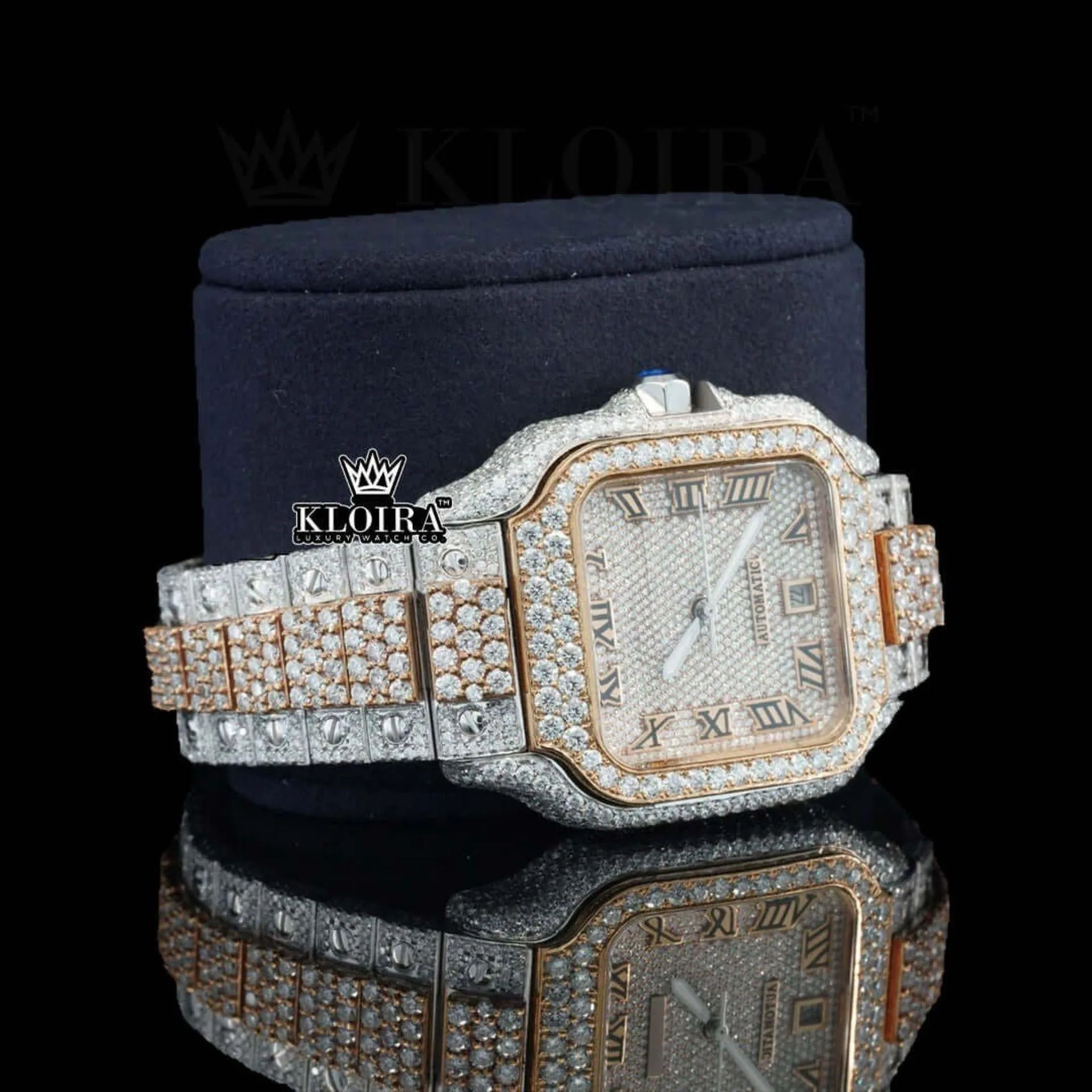 Two Tone Roman Numerals Yellow White Dial Moissanite Diamond Watch Right Profile View