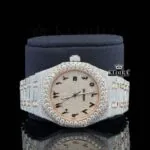 Two Tone Rose Gold Arabic Dial Iced Out Moissanite Diamond Watch Close Up Front View