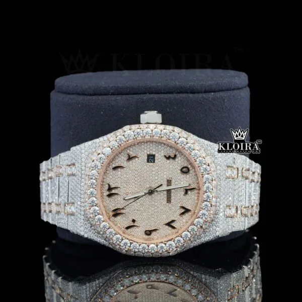 Two Tone Rose Gold Arabic Dial Iced Out Moissanite Diamond Watch Close Up Front View