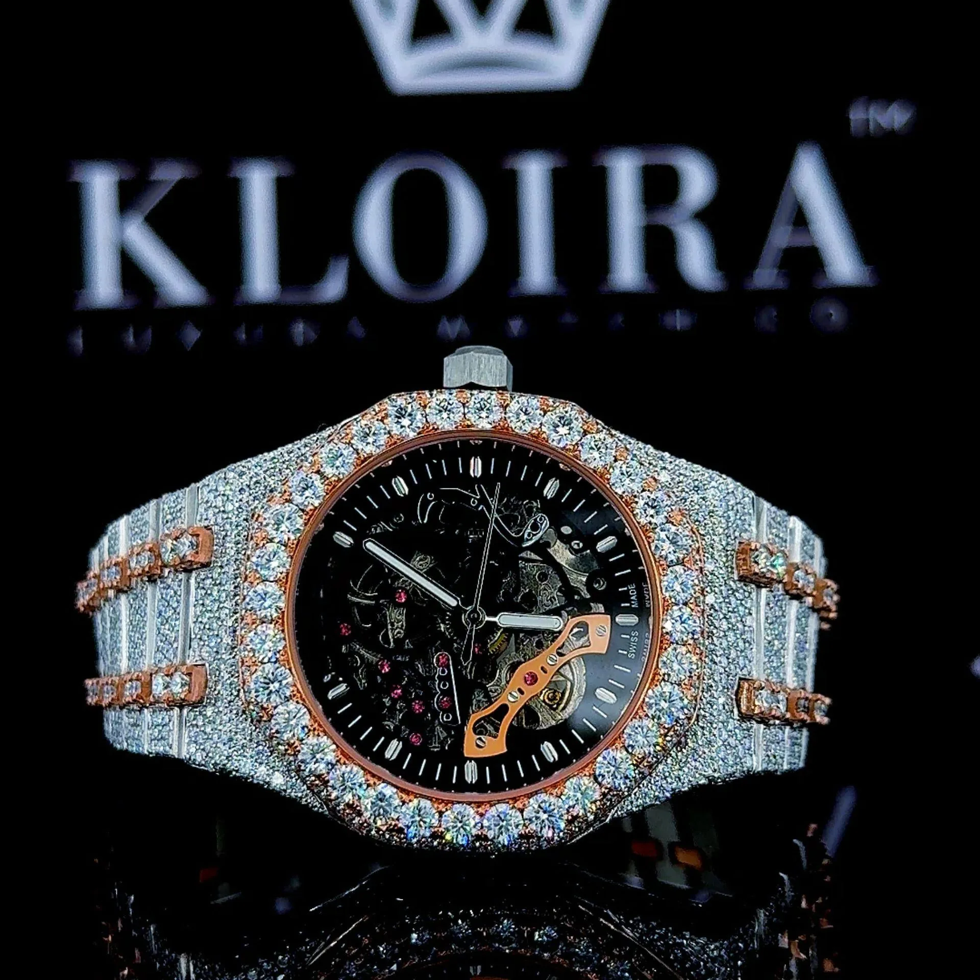 AP Two Tone Rose Gold Black Skeleton Dial Moissanite Watch showcasing exquisite details