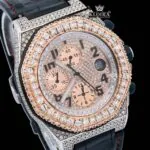 Two Tone Rose Gold Chronograph Dial Black Leather Strap Moissanite Watch Close Up Dial View