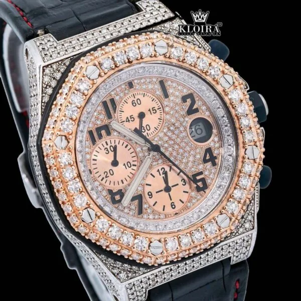 Two Tone Rose Gold Chronograph Dial Black Leather Strap Moissanite Watch Close Up Dial View