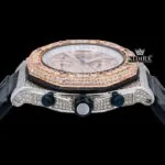 Two Tone Rose Gold Chronograph Dial Black Leather Strap Moissanite Watch Crown View