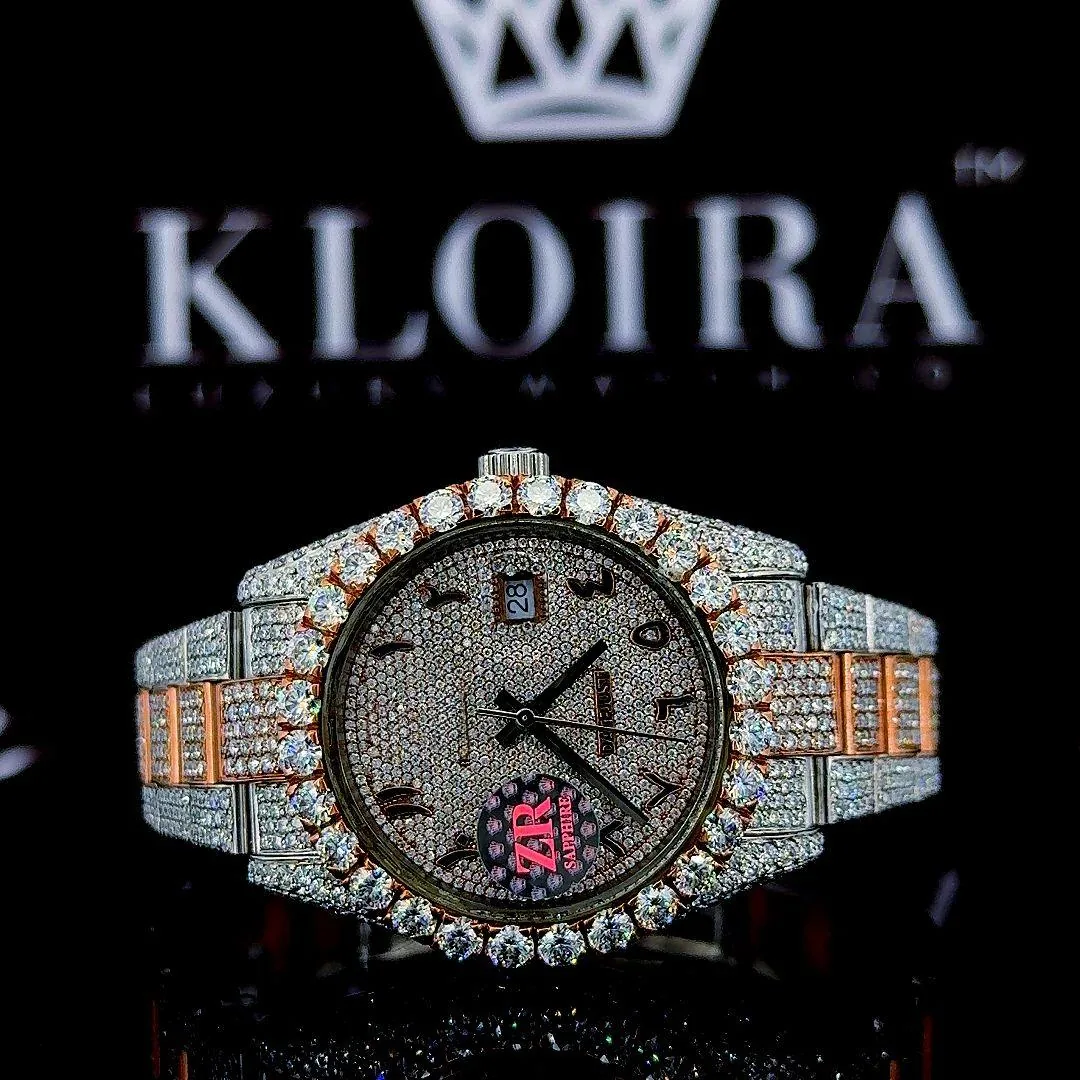 Roles Two Tone Rose Gold Dial Arabic Numerals Moissanite Watch showcasing its stunning design and detail.