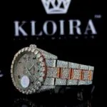 Two Tone Rose Gold Dial Arabic Numerals Bust Down Moissanite Watch Left Strap View