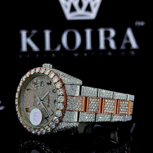 Two Tone Rose Gold Dial Arabic Numerals Bust Down Moissanite Watch Left Strap View