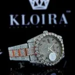 Two Tone Rose Gold Dial Arabic Numerals Bust Down Moissanite Watch Right Strap View