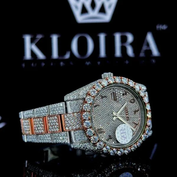 Two Tone Rose Gold Dial Arabic Numerals Bust Down Moissanite Watch Right Strap View