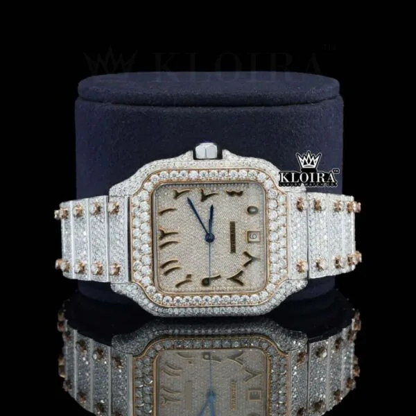 Two Tone Rose Gold Dial Arabic Numerals Moissanite Diamond Watch Close Up Front View