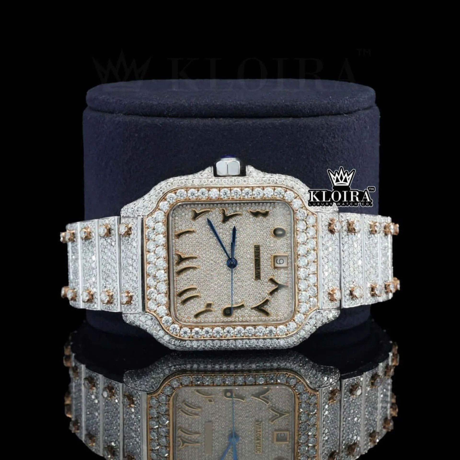 Two Tone Rose Gold Dial Arabic Numerals Moissanite Diamond Watch Close Up Front View