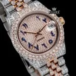 Two Tone Rose Gold Dial Blue Arabic Numerals Moissanite Diamond Watch Close Up Dial View