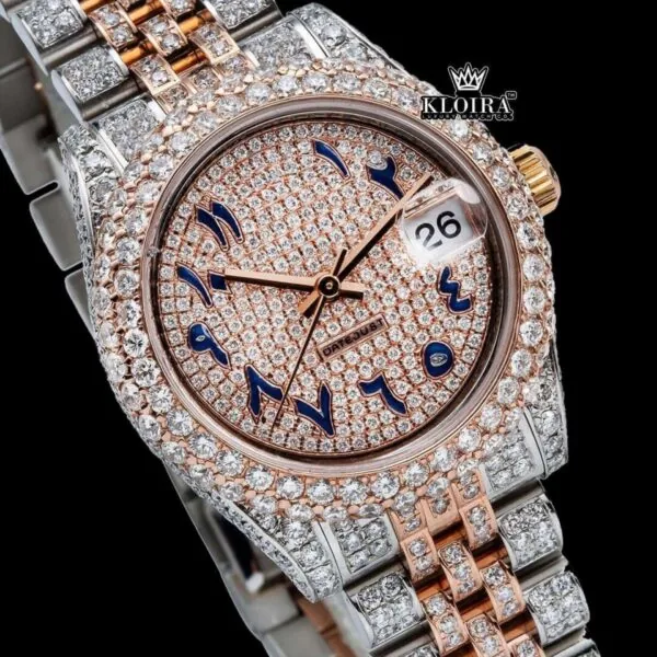 Two Tone Rose Gold Dial Blue Arabic Numerals Moissanite Diamond Watch Close Up Dial View