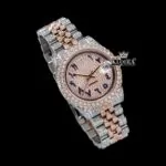 Two Tone Rose Gold Dial Blue Arabic Numerals Moissanite Diamond Watch Close Front View