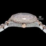 Two Tone Rose Gold Dial Blue Arabic Numerals Moissanite Diamond Watch Crown View