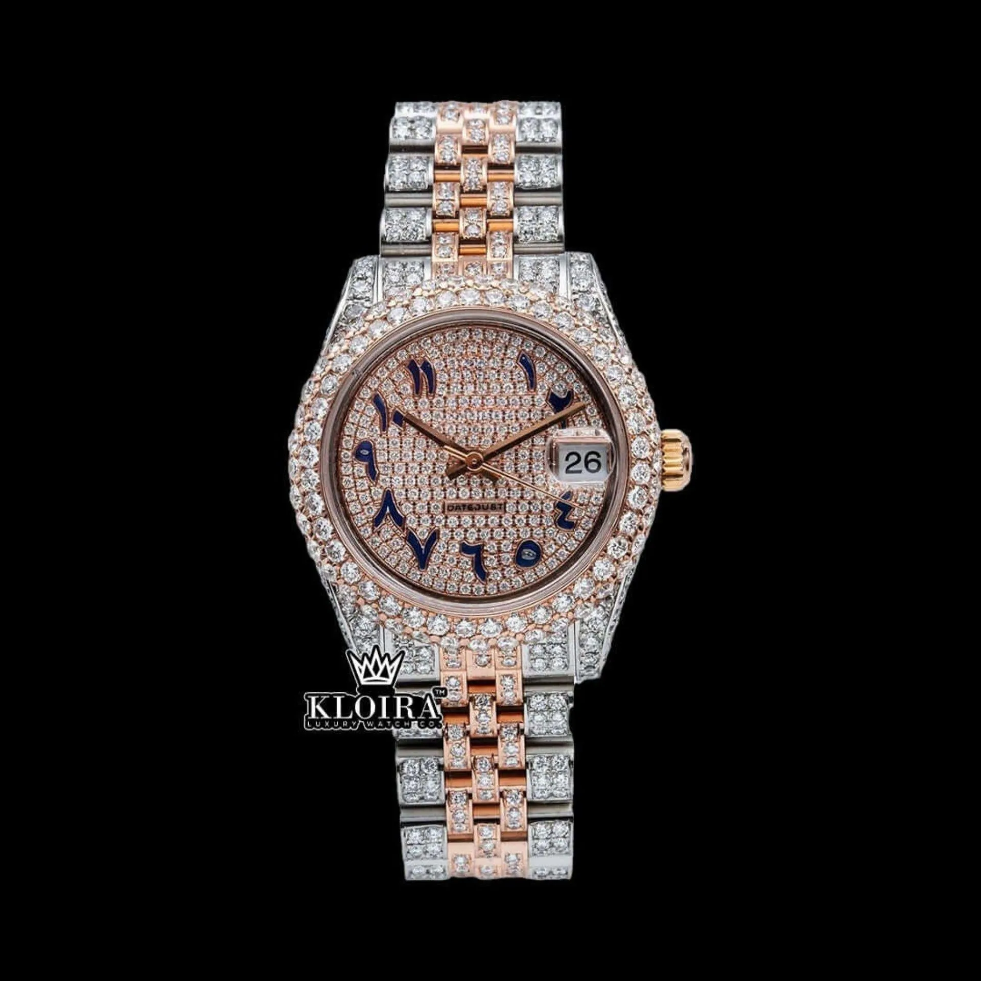 Roles Two Tone Rose Gold Dial Blue Arabic Numerals Moissanite Diamond Watch Front View