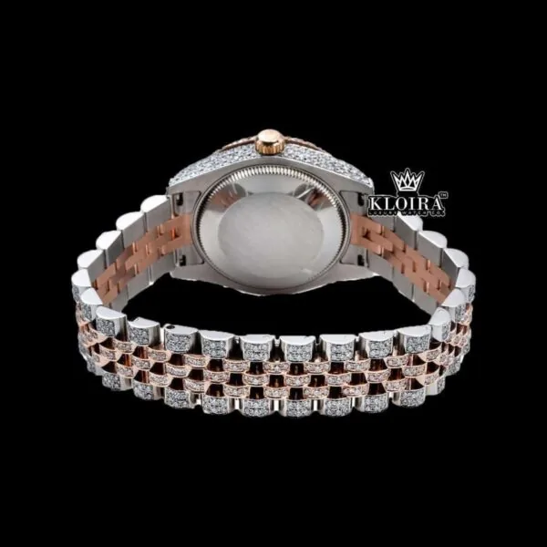 Two Tone Rose Gold Dial Blue Arabic Numerals Moissanite Diamond Watch's Caseback View