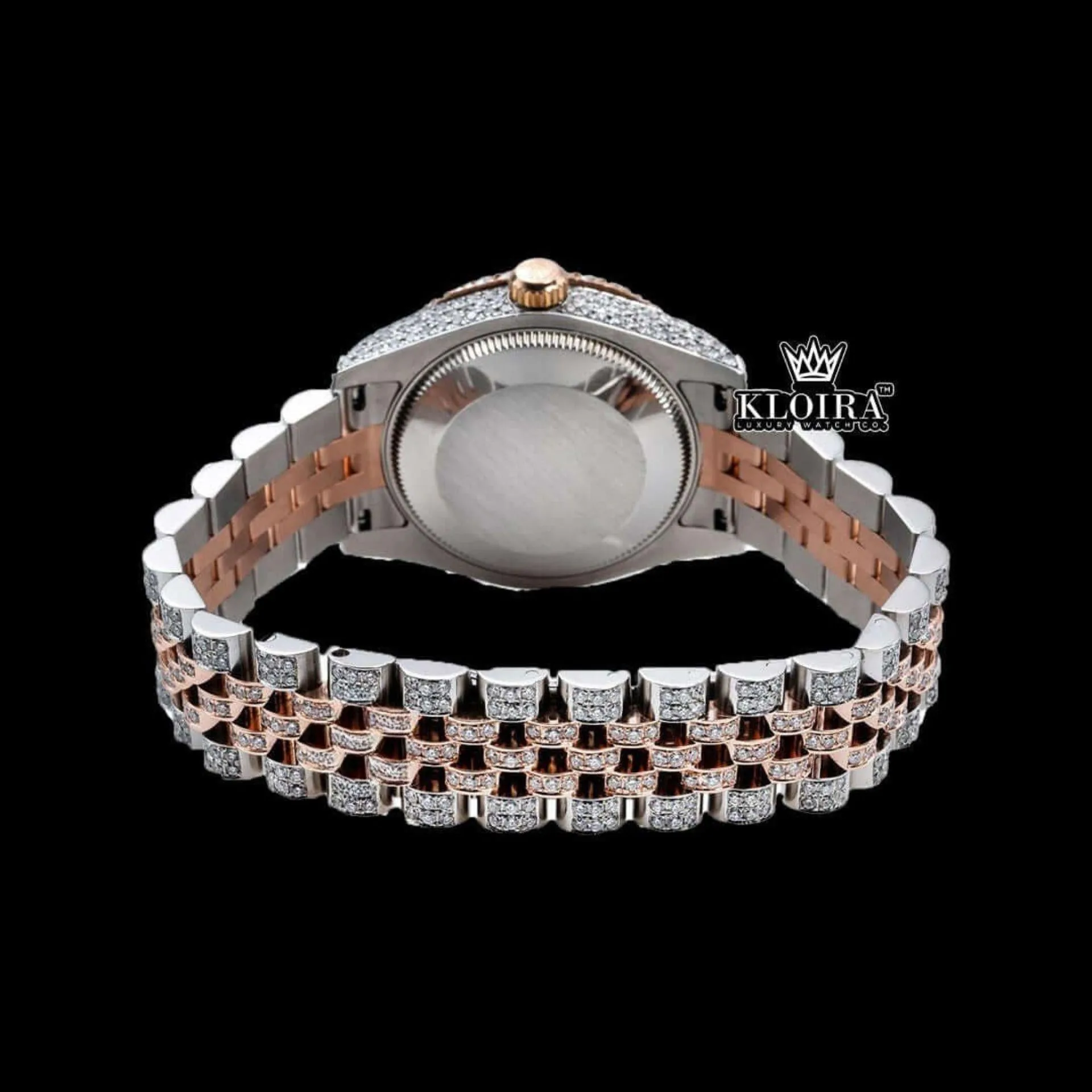 Two Tone Rose Gold Dial Blue Arabic Numerals Moissanite Diamond Watch's Caseback View