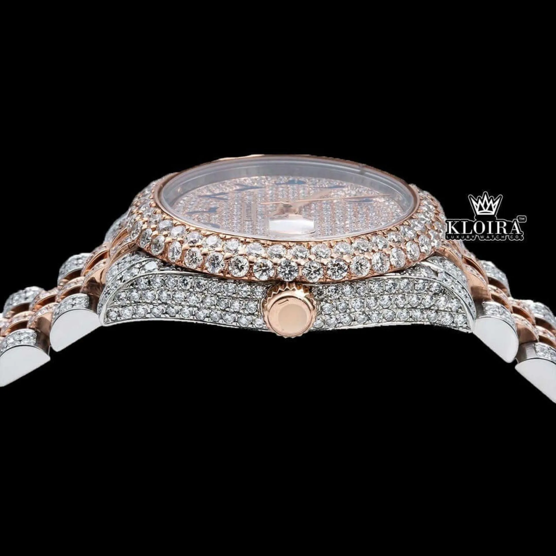 Two Tone Rose Gold Dial Blue Arabic Numerals Moissanite Diamond Watch Crown View
