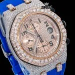 Two Tone Rose Gold Dial Chronograph Blue Rubber Strap Moissanite Watch Close Up Dial View