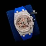 Two Tone Rose Gold Dial Chronograph Blue Rubber Strap Moissanite Watch Close Up Front View