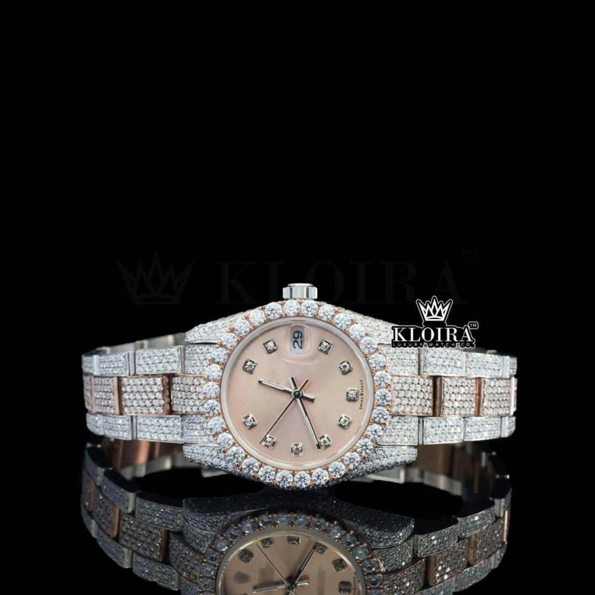 Roles Two Tone Moissanite Watch with Rose Gold Dial and Diamond Bezel Front View