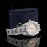 Two Tone Rose Gold Dial Diamond Bezel Fully Iced Out Moissanite Watch Right Profile View