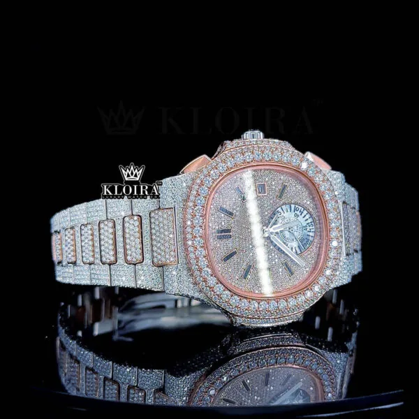 Two Tone Rose Gold Dial Fully Iced Out Moissanite Diamond Watch Right Profile View