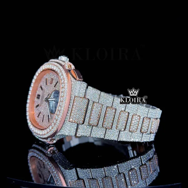 Two Tone Rose Gold Dial Fully Iced Out Moissanite Diamond Watch Right Side Bracelet View