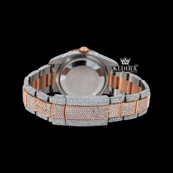Two Tone Rose Gold Dial Red Arabic Numerals Full Moissanite Diamond Watch Caseback View