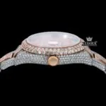Two Tone Rose Gold Dial Red Arabic Numerals Full Moissanite Diamond Watch Crown View