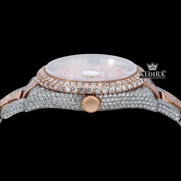 Two Tone Rose Gold Dial Red Arabic Numerals Full Moissanite Diamond Watch Crown View
