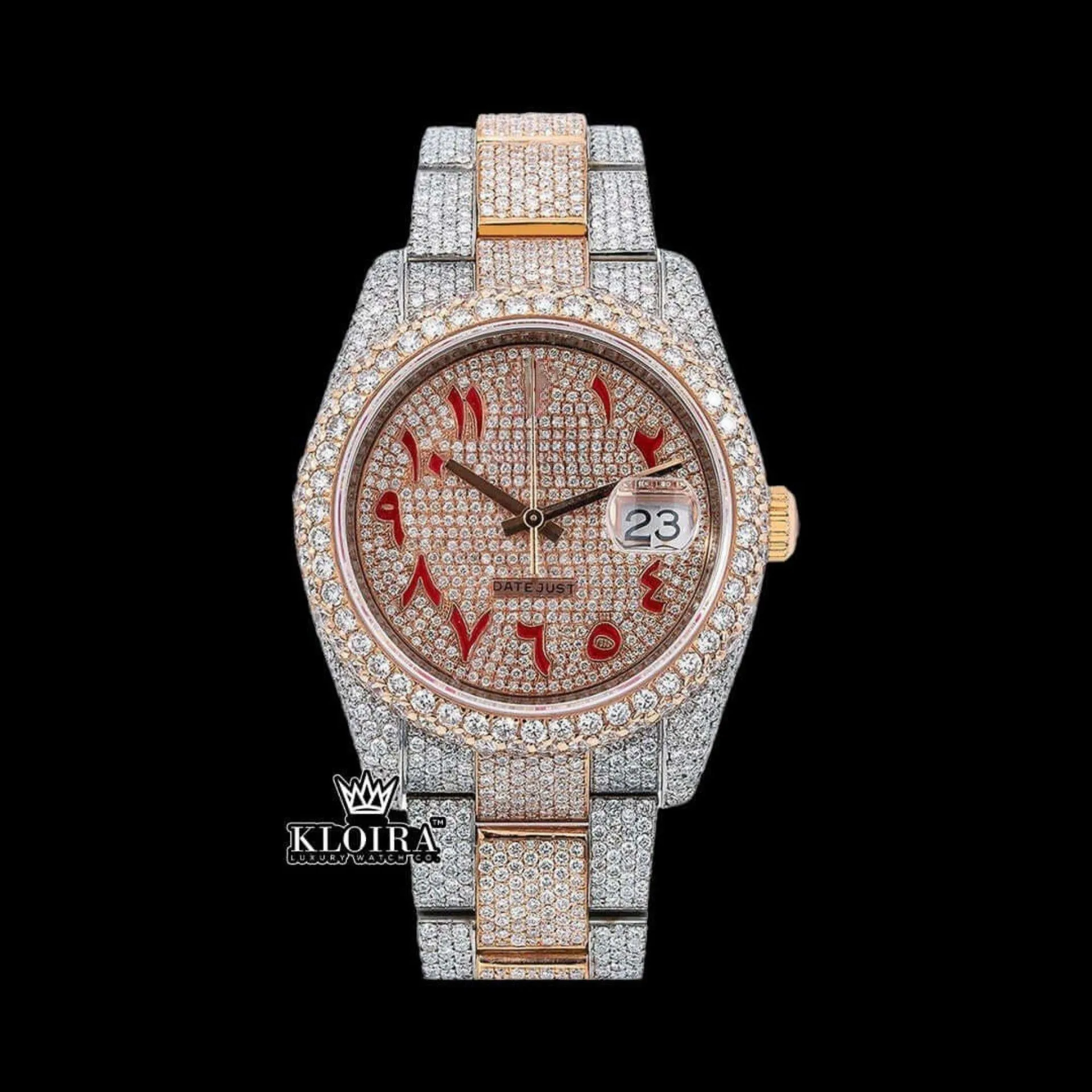 Roles Two Tone Rose Gold Dial Moissanite Diamond Watch with Red Arabic Numerals