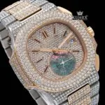 Two Tone Rose Gold Dial Stick Markers Subdial Iced Out Moissanite Watch Close Up Dial View