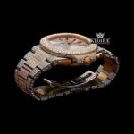 Two Tone Rose Gold Dial Stick Markers Subdial Iced Out Moissanite Watch Close Up Front View