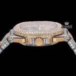 Two Tone Rose Gold Dial Stick Markers Subdial Iced Out Moissanite Watch Crown View