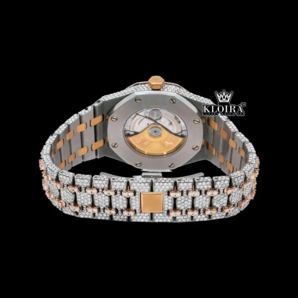 Two Tone Rose Gold Moissanite Diamond Watch Fully Iced Out Caseback View