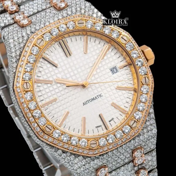 Two Tone Rose Gold Moissanite Diamond Watch Fully Iced Out Close Up Dial View