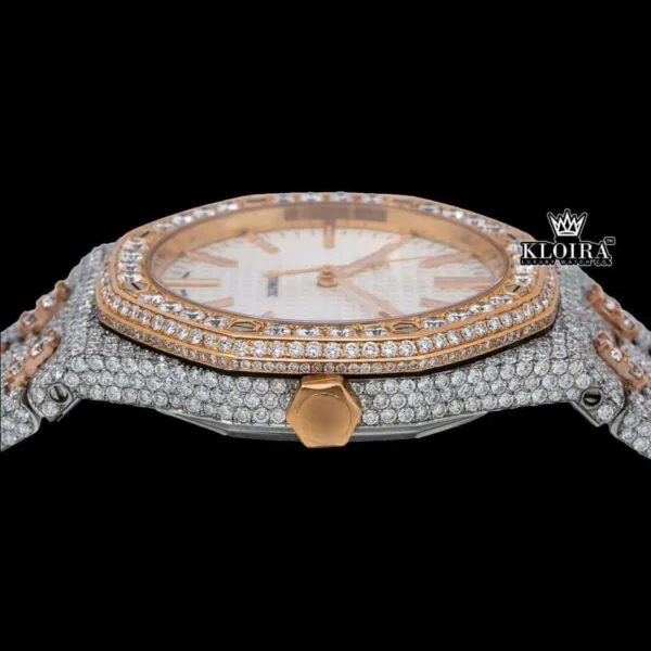 Two Tone Rose Gold Moissanite Diamond Watch Fully Iced Out Crown View