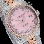 Two Tone Rose Gold Pink Dial Diamond Markers Moissanite Diamond Watch Close Up Dial View