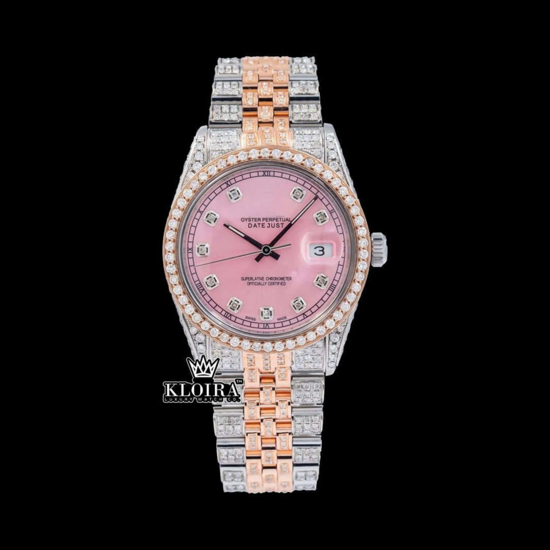 Roles Two Tone Rose Gold Moissanite Watch with Pink Dial and Diamond Markers