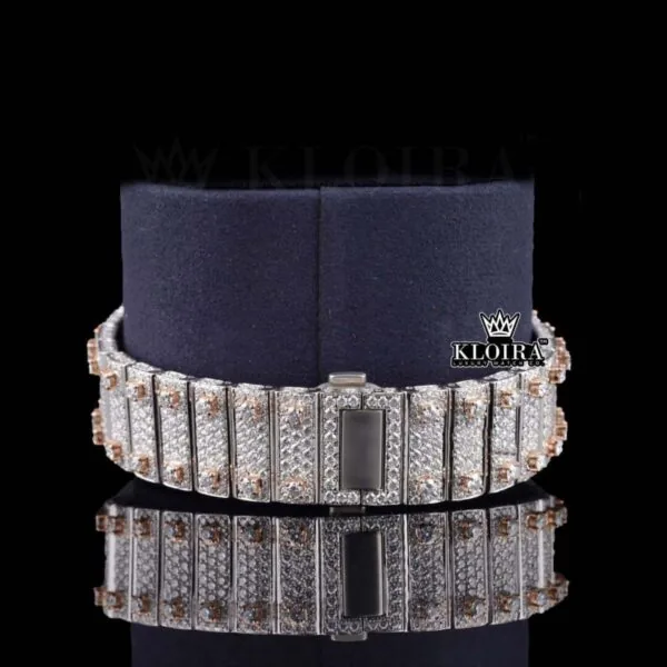 Two Tone Rose Gold Roman Dial Iced Out Moissanite Diamond Watch Bracelet View