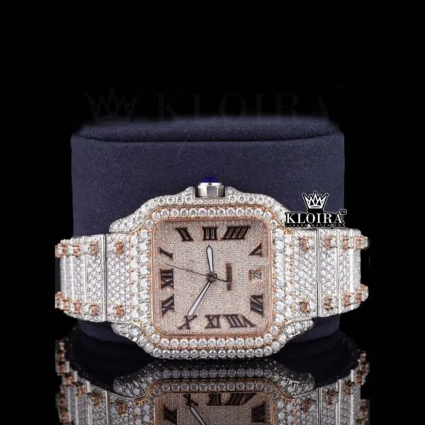 Two Tone Rose Gold Roman Dial Iced Out Moissanite Diamond Watch Close Up Front View
