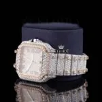 Two Tone Rose Gold Roman Dial Iced Out Moissanite Diamond Watch Left Profile View