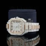 Two Tone Rose Gold Roman Numerals Dial Moissanite Diamond Watch Left Profile View