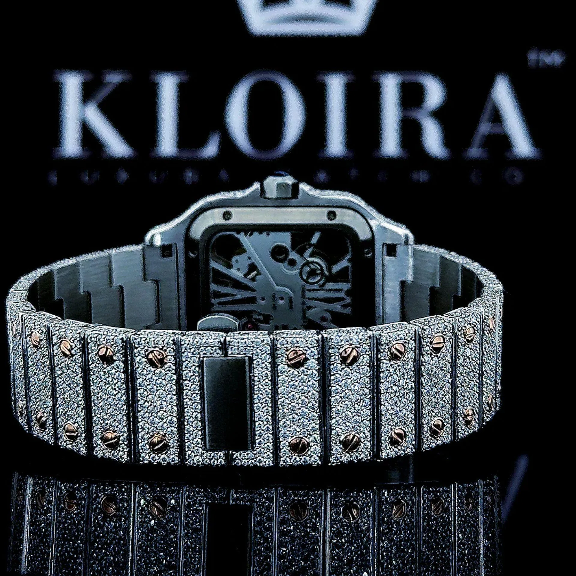 Two Tone Rose Gold Skeleton Dial Fully Iced Out Moissanite Watch Back Strap View