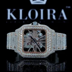 Cartior Two Tone Rose Gold Skeleton Dial Moissanite Watch