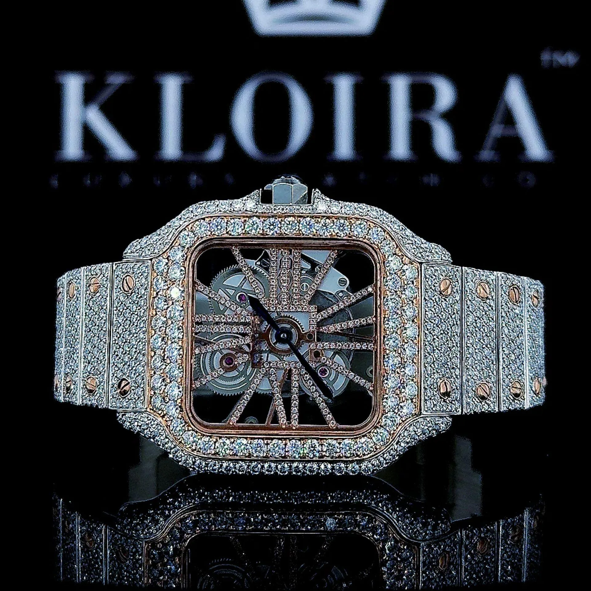 Cartior Two Tone Rose Gold Skeleton Dial Moissanite Watch with sparkling details